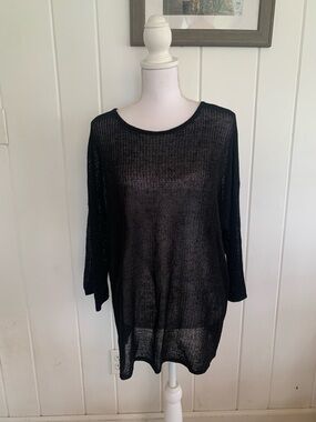 J. Jill Sheer Knit Black Linen blend Long-Sleeve Tunic Sweater Cover-up Size XL